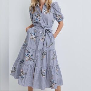 Veronica Beard Eunice Dress - Blue Pinstripe with Floral Embroidery Midi Dress